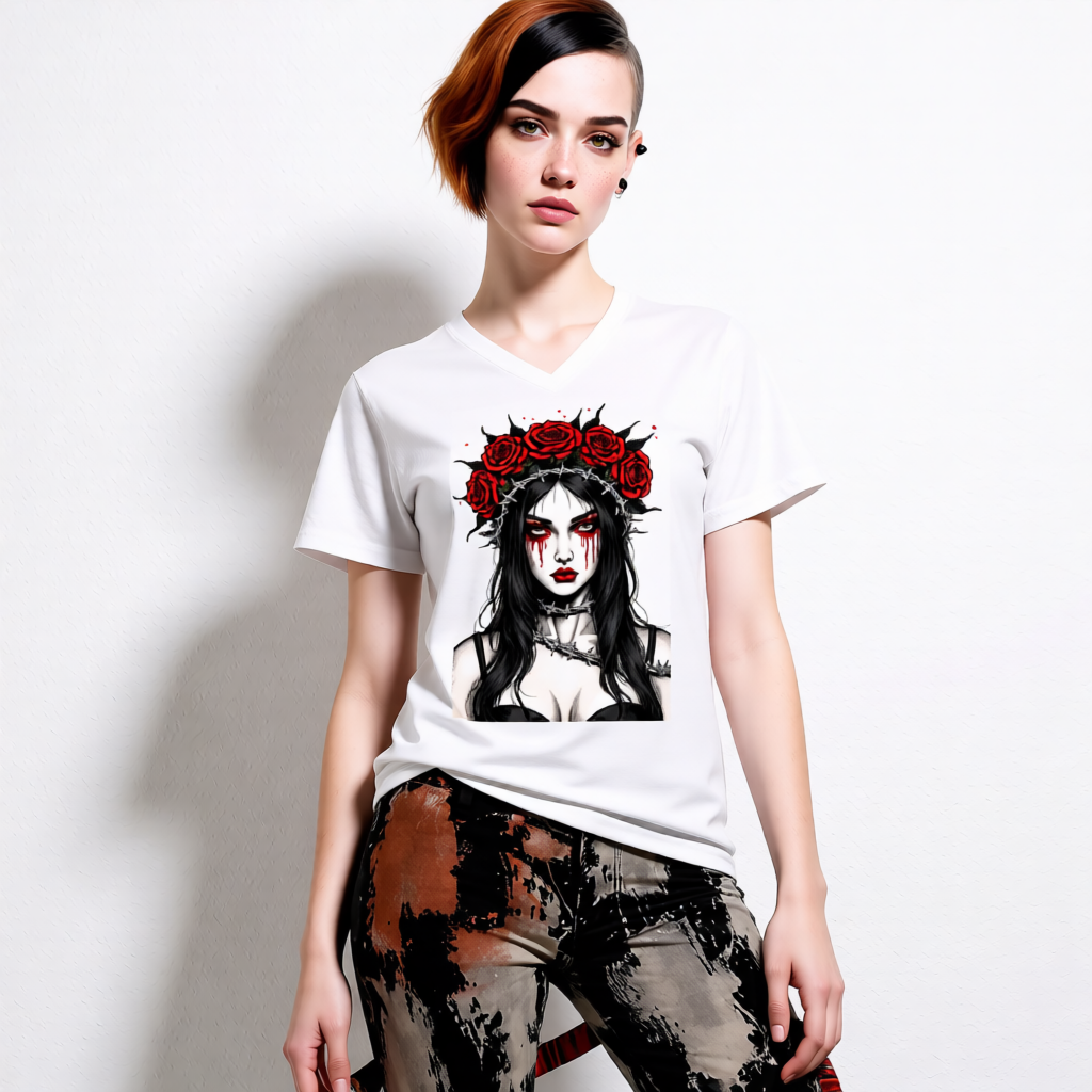 Person wearing a white t-shirt with a graphic design of a woman with roses and blood, standing against a plain background.